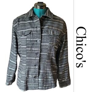 Chicos Textured Striped Sequin Button Front Jacket Black Silver‎ Grey Size 2 L